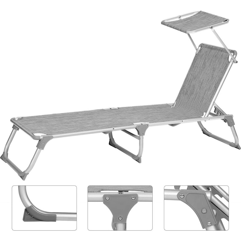 Songmics GCB19TG Ayarlanabilir ve Katlanabilir Gölgelikli Şezlong, 55X193X31 Cm, Gri Kırçıllı,