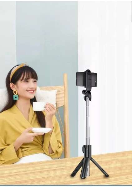 Tiffany Selfie Çubuğu Tripod Siyah Kumandalı Bluetoothlu