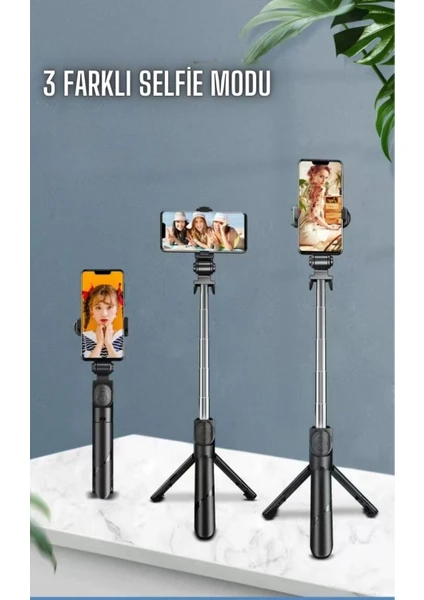 Tiffany Selfie Çubuğu Tripod Siyah Kumandalı Bluetoothlu